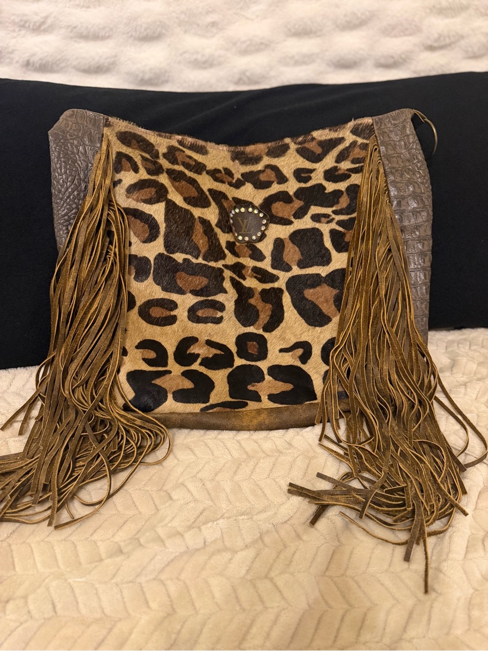Leopard Fringe Shoulder Bag in Brown